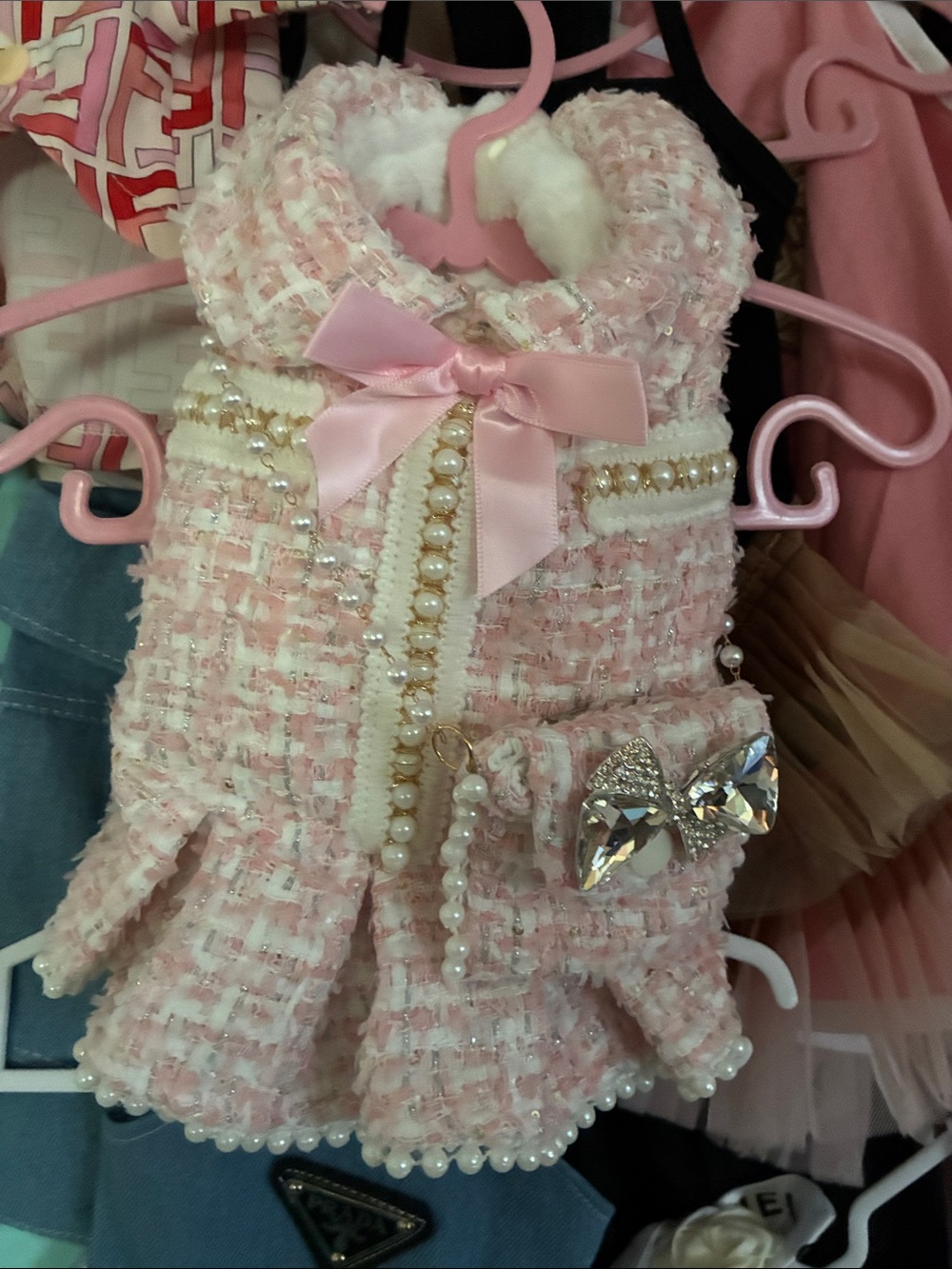 Fendi style Pink Tweed Pearl-Trim Pet Dress